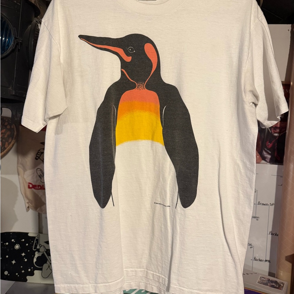 Vintage White T-Shirt with Black, Orange and Yellow Penguin Graphic